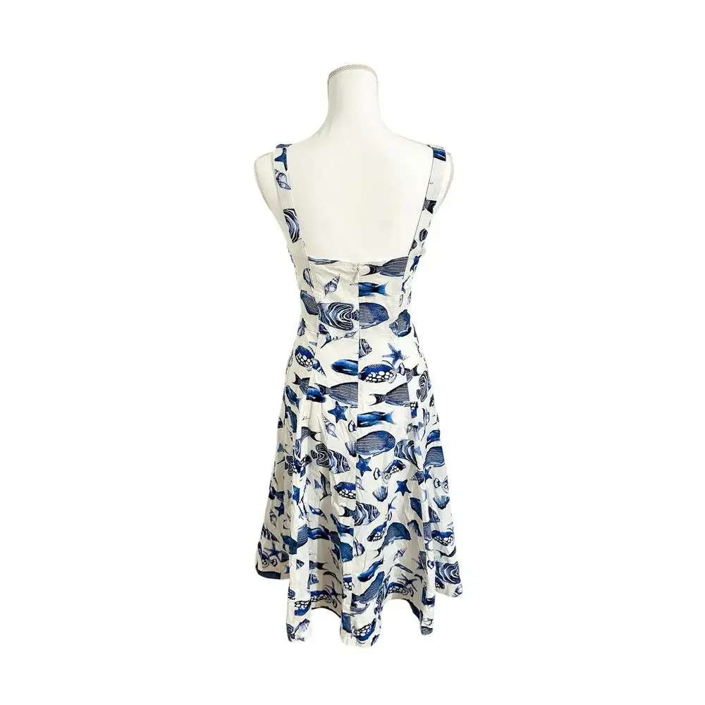 Avec Les Filles Marina Dress Midi Fish Ocean Print Blue White Size 6 - Picture 5 of 14